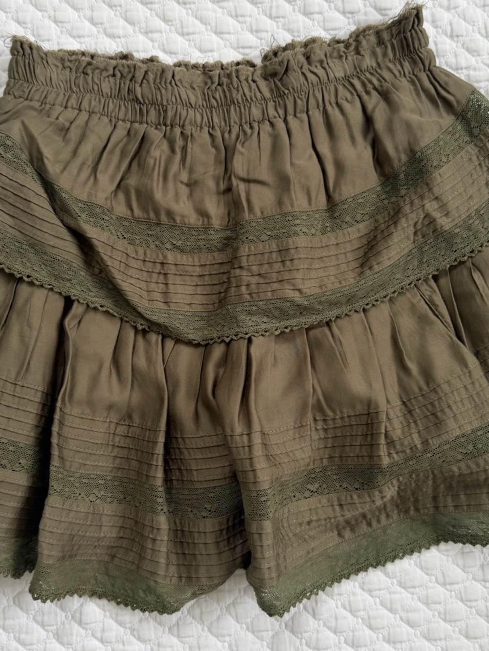 LoveShackFancy Olive Tiered Lace-Trim Mini Skirt